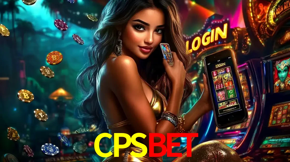 Mulher em um cenário de cassino temático de aventura, mostrando o app de caça-níqueis da CPSBET no celular. Fichas de apostas flutuam ao redor.