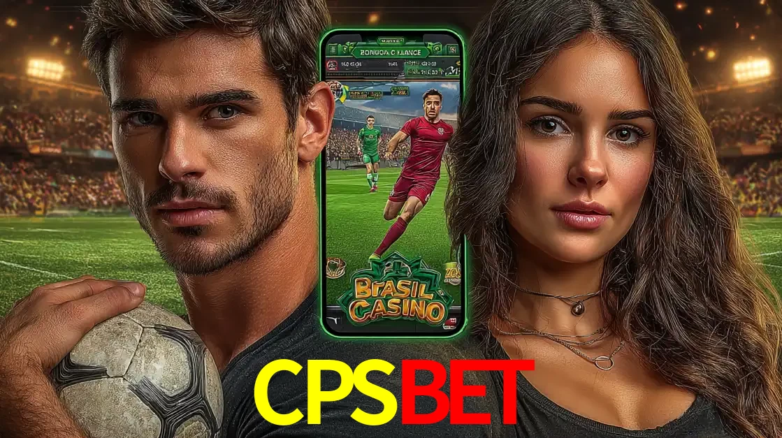 Homem segurando uma bola de futebol e uma mulher ao lado de um smartphone exibindo o jogo de apostas esportivas da CPSBET. Faça seu palpite no cassino online.